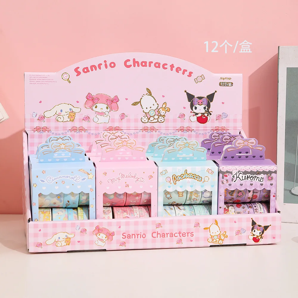 10Roll/Box Sanrio Stickers Roll Box Kuromi Cinnamoroll Hello Kitty Scrapbook Reward Sticker Label Decal Handmade Gifts Kids Toys