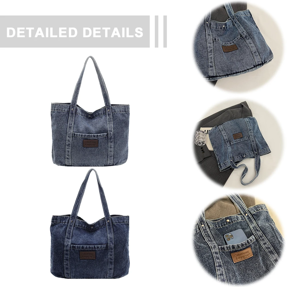 

Women Denim Shoulder Bag Casual Underarm Bag Large Capacity Simple Tote Handbag Hasp Closure Vintage Tote Bag Outdoor Travel Bag