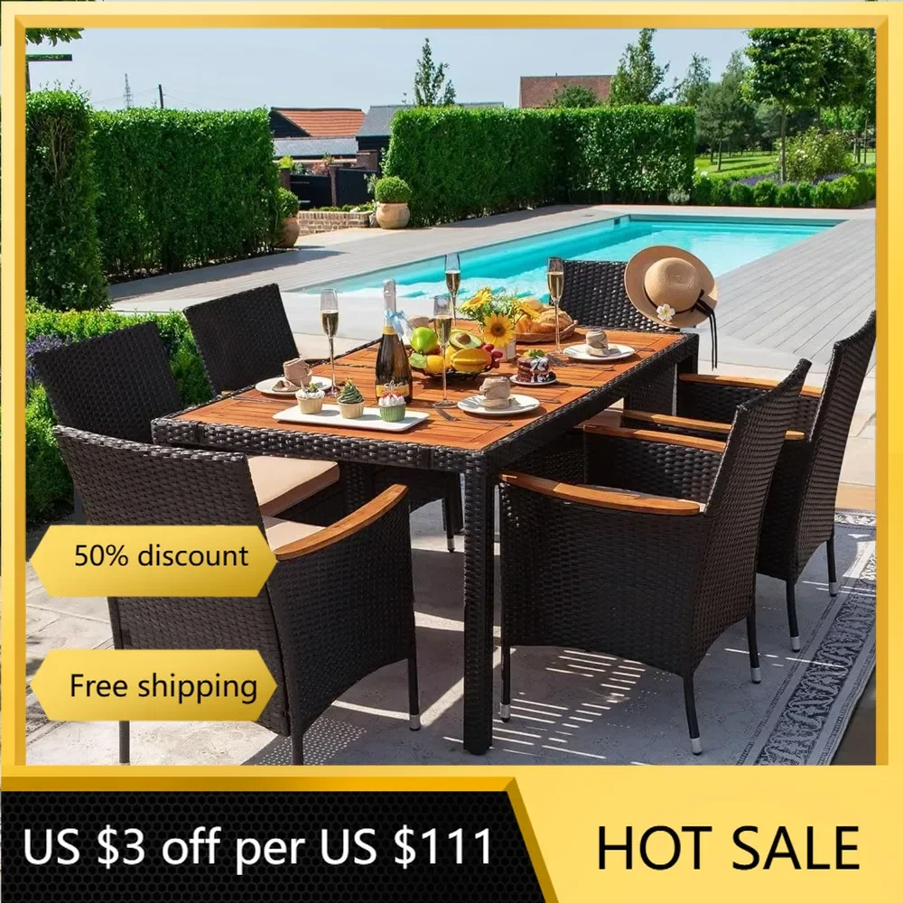 7 PCS Furniture Sets, Patio Conversation Set with Acacia Wood Table Top, Black,Rattan Outdoor Tables