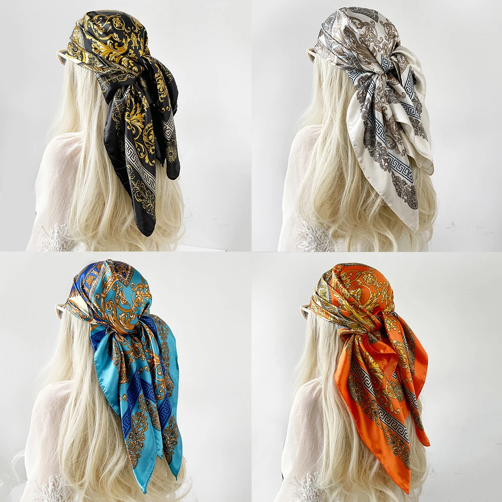 

New Luxury Bohemian Style Floral Print Unisex Square Silk Scarf Satin Head Wrap Ribbon Fashion Scarf for Neckerchief Bandana