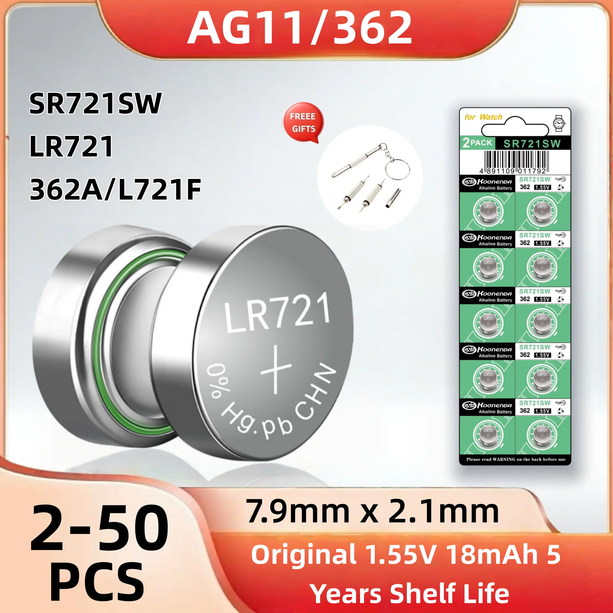 

AG11 SR721SW 1.55V High Capacity Button Battery 0% Mercury Suitable for Watches, Toys, and Remote Controls