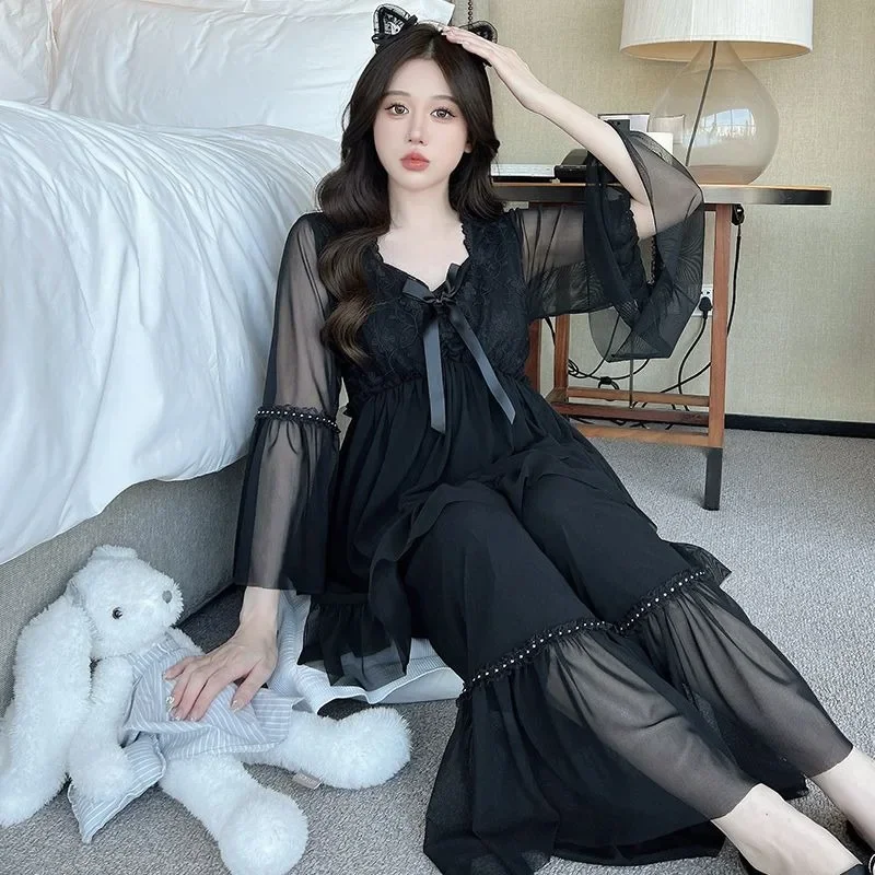 New Modal Mesh Pajamas for Women in Spring Autumn Long Sleeved Loungewear Sweet Chest Pad Thin Sleepwear Summer Homewear