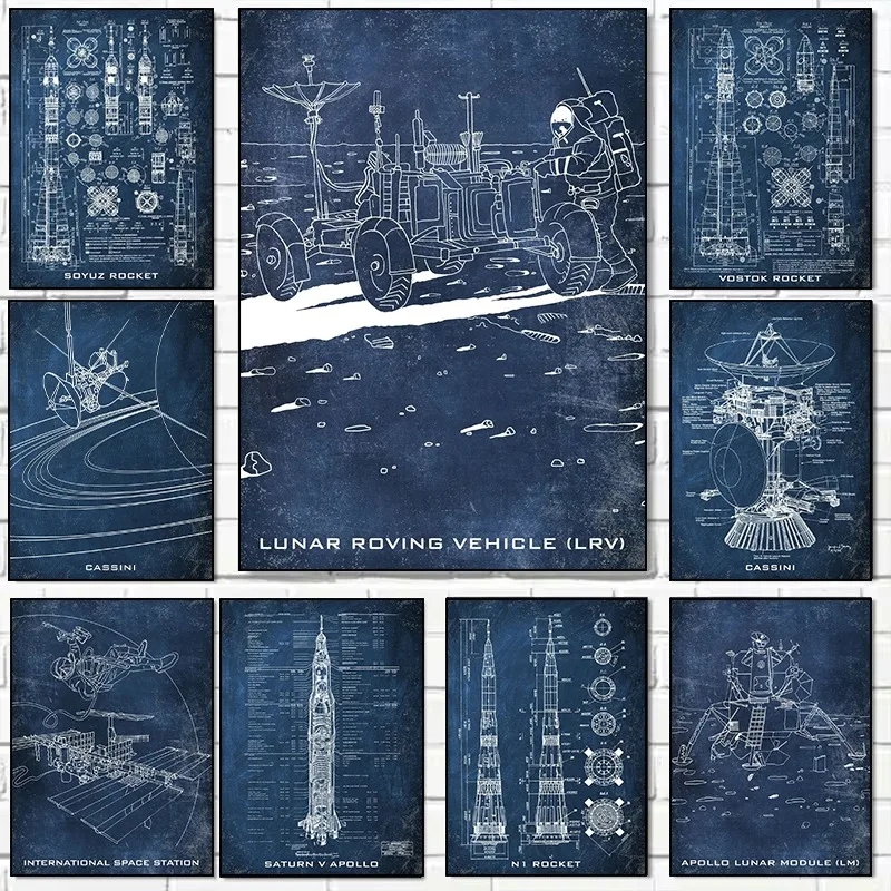 （2D Canvas painting） Space Patent Blueprints Vintage Poster and Prints , Space Ships Illustration Canvas Painting White Blue