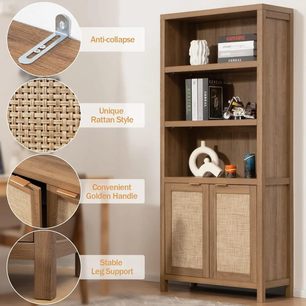 Bookcase 71 Tall Bookshelf 5 Tier Rattan Boho Bookcase with Doors Storage Large Book Case Shelf Farmhouse Bookshelves Li