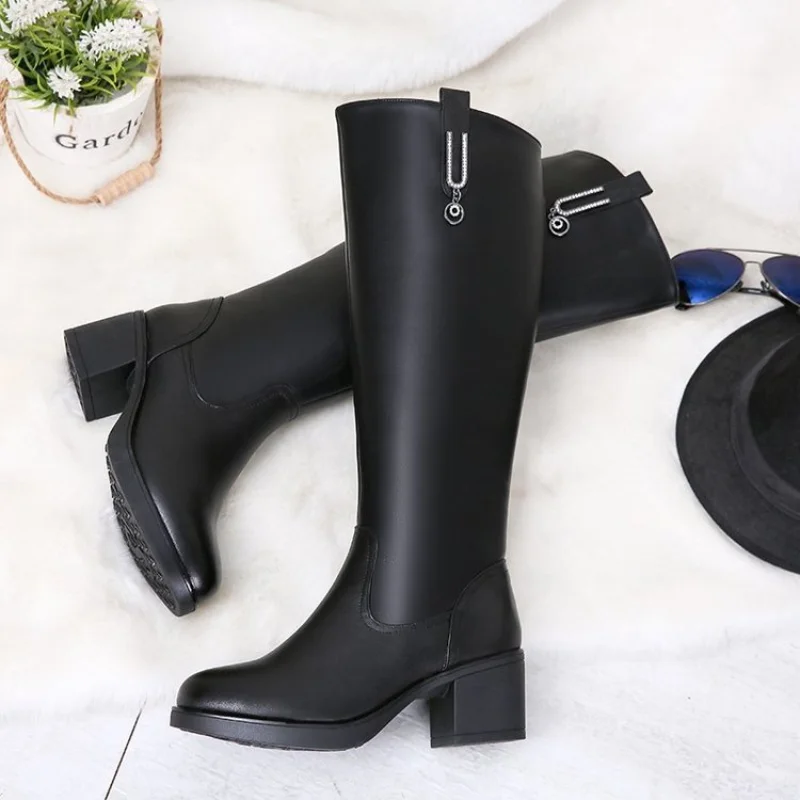 

Real Soft Leather Boots, Boots, But Knee Boots, Women's Winter Plus Velvet PU Leather Thick Heel Mid Boots, Thick Leg High Boots