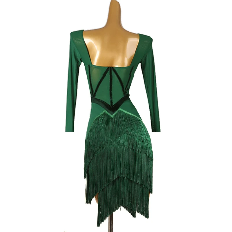 2024 New Latin Dance Performance Dress For Women Sexy Green Fringed Dress Adult Chcha Rumba Tango Female Latin Clothes DQL9242