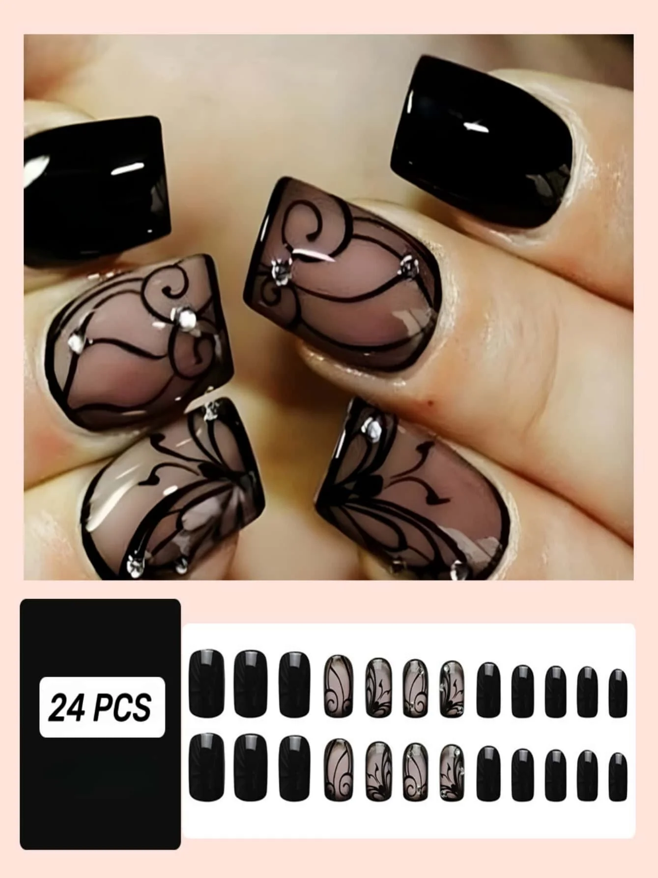24Pcs Solid Black Short False Nails with Rose Pattern Design Ballerina Square Artificial Full Cover Press on Nail Tips for Girls
