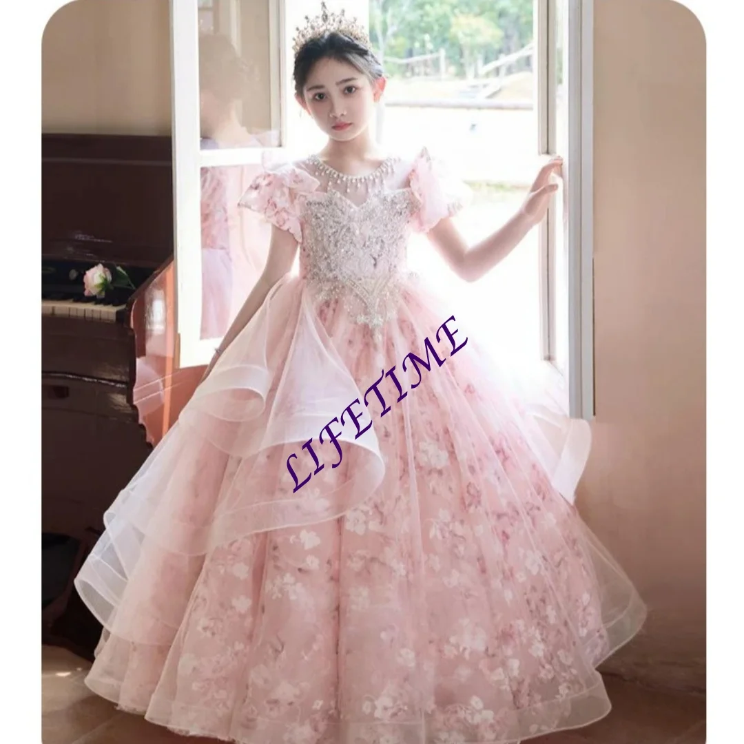 Aangepaste Roze Meisjes Tutu Prinses Jurk Verjaardagsfeestje Kostuum Bruiloft Bloemenmeisje Kinderen Pageant Jurk Piano Prestaties Outf