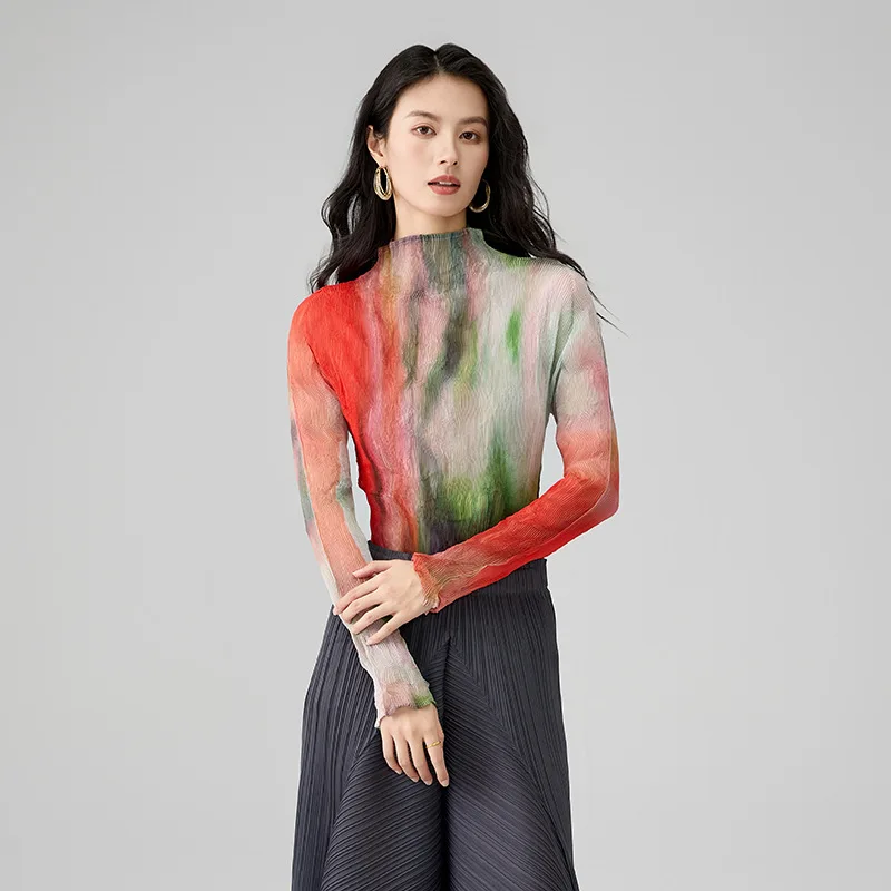 

Miyake плиссированная футболка женская с длинным рукавом легкая базовая рубашка модные градиентные индивидуальные универсальные топы 2025 весна лето
