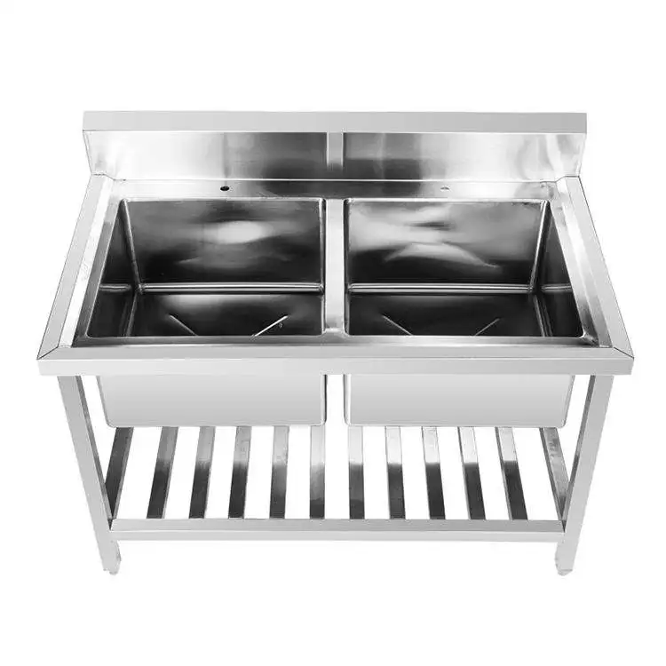 Restaurant Industrial Stainless Steel Customized Kitchen Sink With Table Commercial Double Sink With Under Shelf Factory