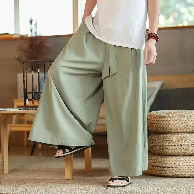 Summer Men's Lightweight Ice Silk Wide Leg Pants Special Home Zen Tea Meditation Pants Loose Fit Casual Trousers