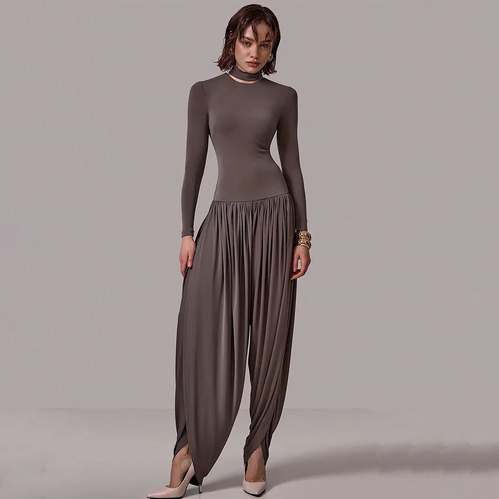 

Women's sexy hot girl slim solid color long sleeves with a side slit condensed round neck dress