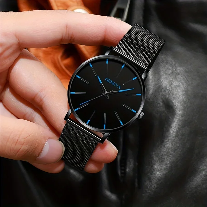 1 reloj de cuarzo negro de moda para hombre y conjunto de pulsera de árbol de la vida negra de 4 piezas