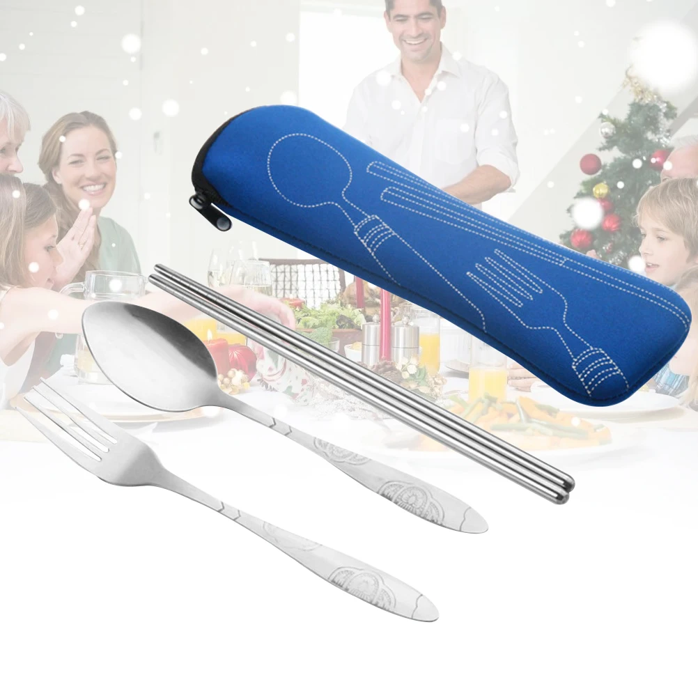 

4 Pcs Stainless Steel Tableware Suit Premium Portable Patterned Fork Spoon Chopstick Set Dinnerware Set with Storage Bag (Blue)