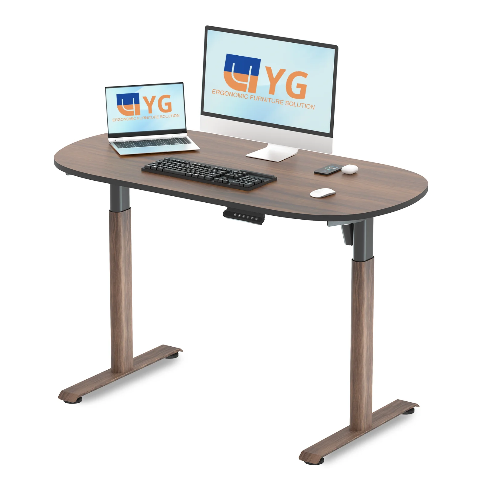 

Oval Leg Electric Height Adjustable Desk,48x24 Inch One-Piece Oval Desktop, Standing Desk for Home Office, Walnut