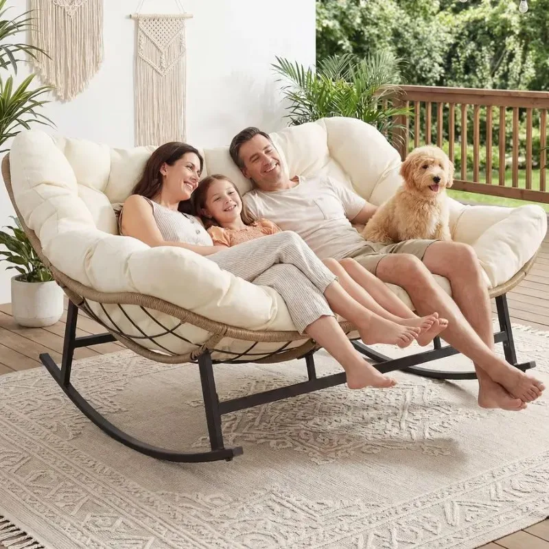 

Oversized Double Rocking Papasan Chair with Thick Cushion, 2 Person Big Wicker Outdoor Comfy Recliner, Extra Large Heavy Duty 70