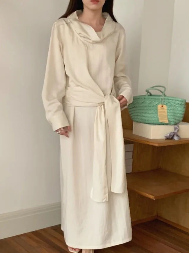 우아한 긴팔 솔리드 컬러 벨티드 허리 슬리밍 미디 드레스 봄 시크 V넥 타이 허리 여성 패션 드레스