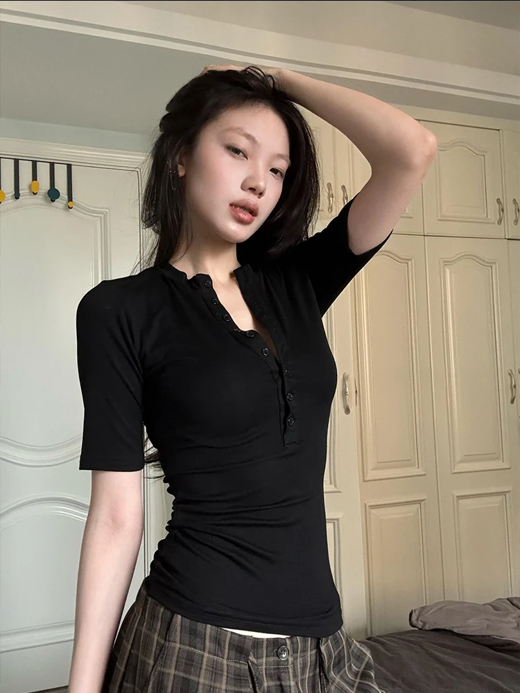 American Style Sexy Short Sleeve T-Shirt Women's Summer Slimming Design Half Open Collar Black Waist Cinched Versatile  Top