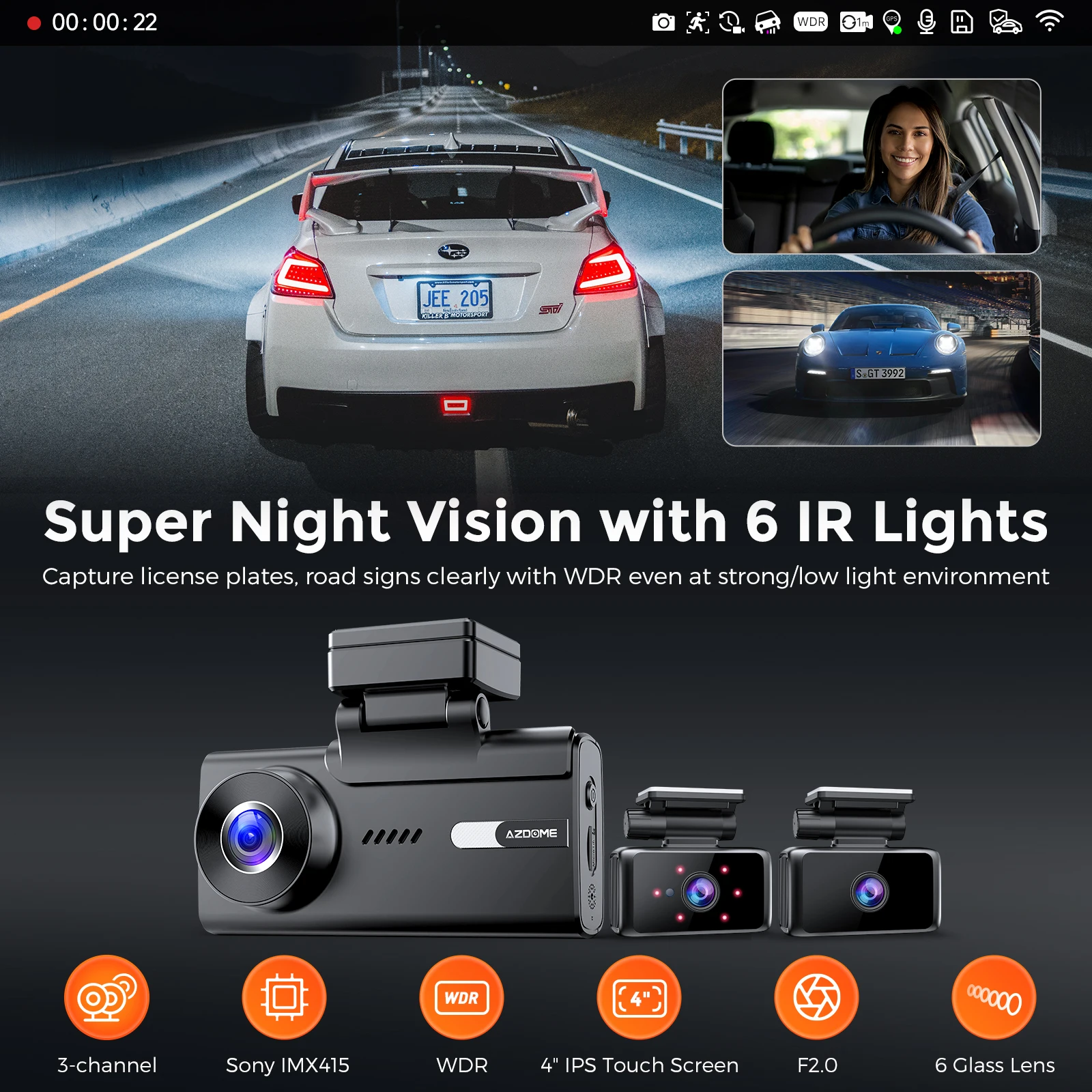 AZDOME M580 Car DVR 5K Dash Cam 3 Cameras 4K+1080P+1080P Rear Cam Recording With GPS WIFI Night Vision 24 Hours Parking Monitor