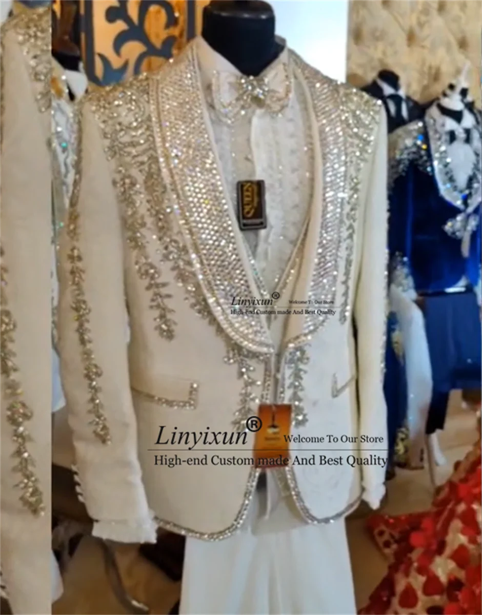 Luxury Crystal Diamond Men Suits 3 Pieces Sets Wedding Groom Tuxedo Glitter Lapel Male Prom Blazers Customized vestidos de novia