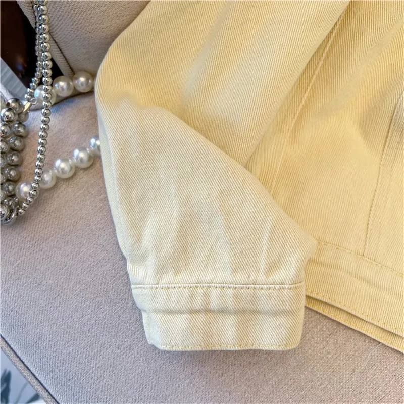 Korean Vintage Flower Embroidery Yellow Short Denim Jacket Women Lapel Single-Breasted Long Sleeve Jeans Jacket Coat Streetwear - view 6
