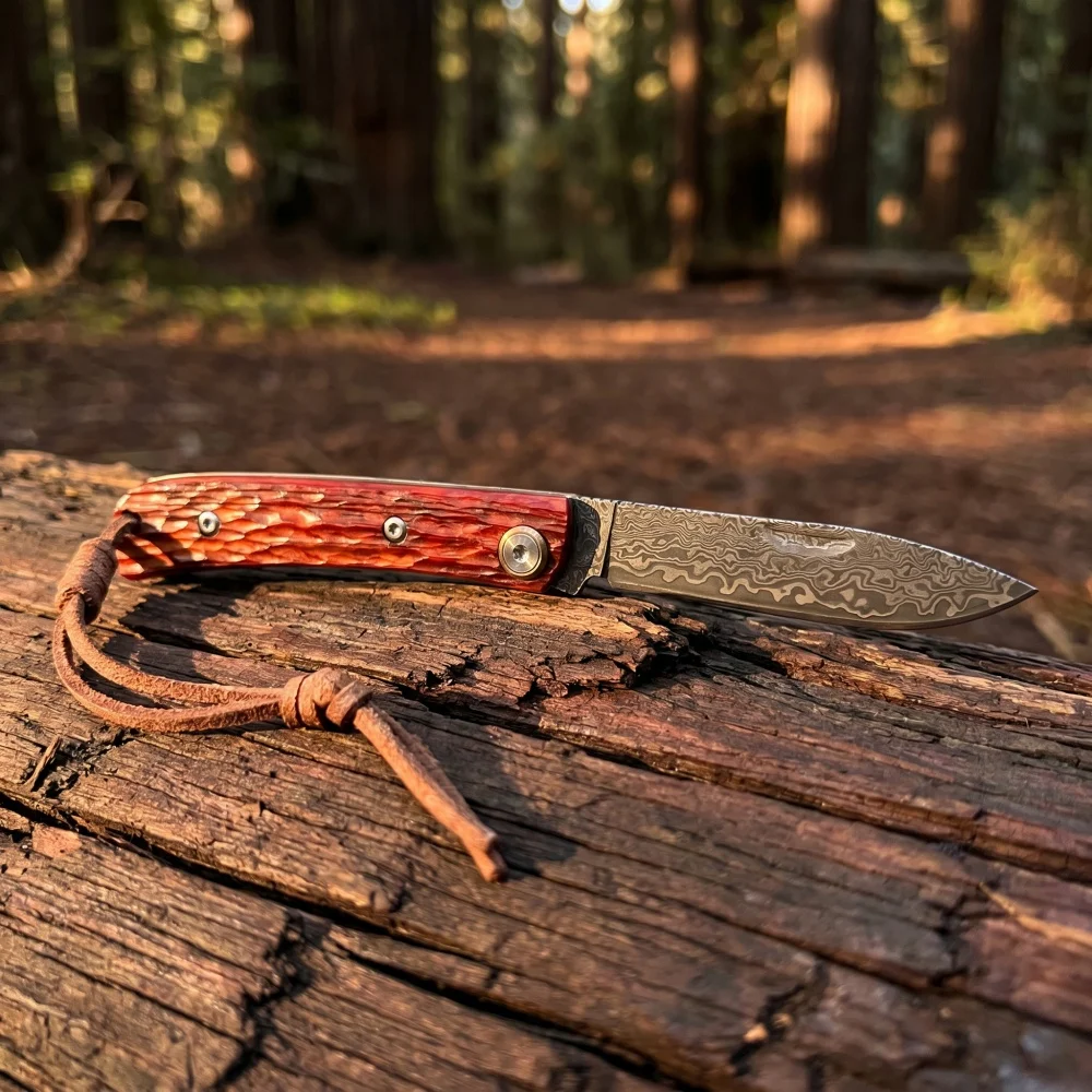 Damascus Steel Folding Knife Red Sandalwood Handle Multi-purpose Meat Cleaver Vegetable Knife Lightweight Camping Pocket Knife