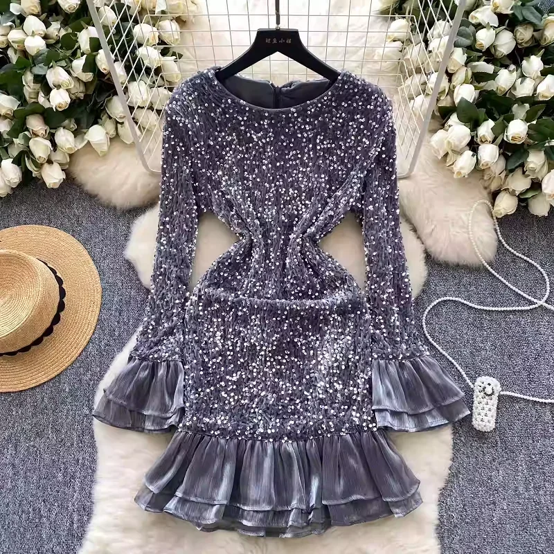 

Elegant sequined velvet ruffle mini dress for spring and summer Women's Dress New O-neck long sleeved Solid SKinny Dress Woman