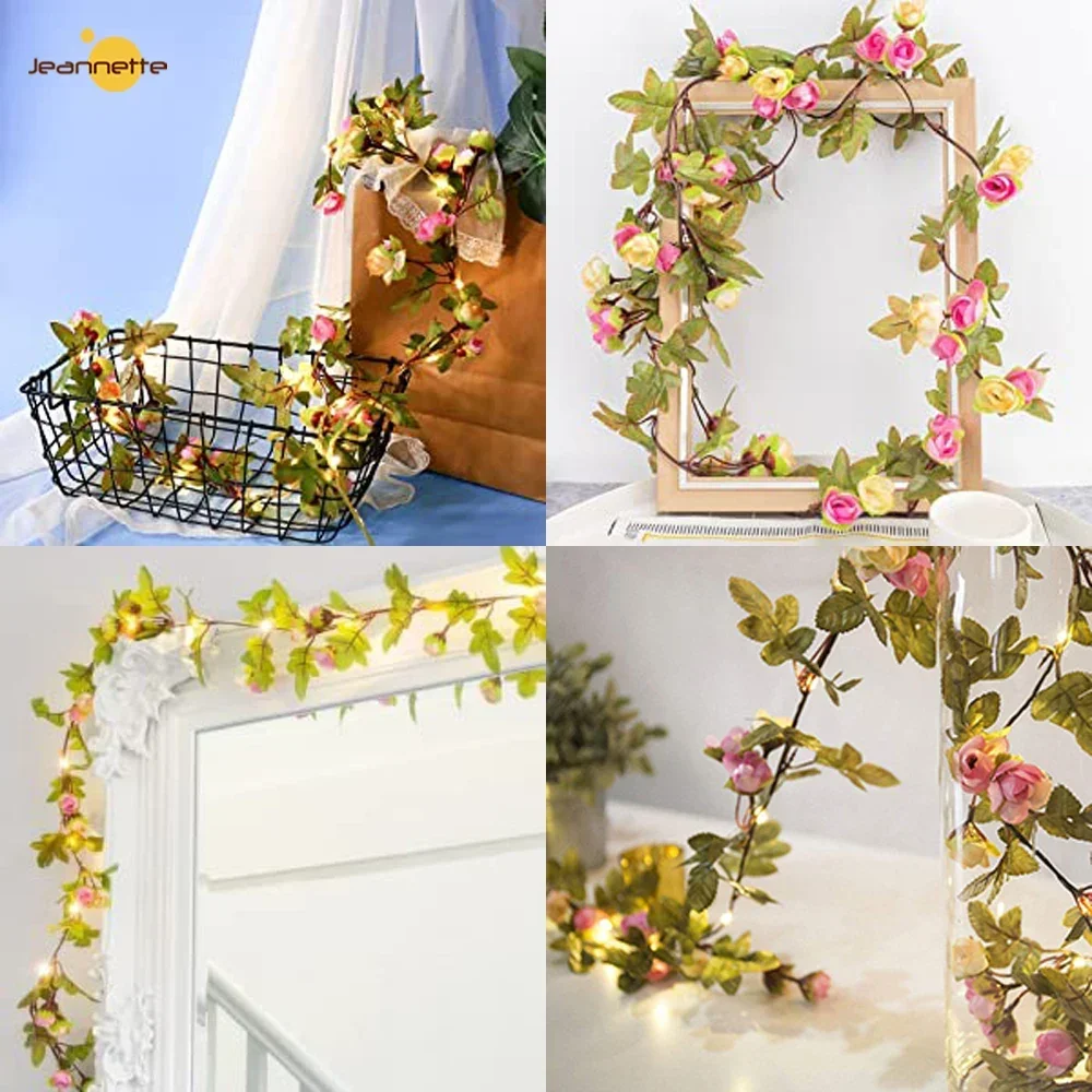 Solar Fairy Light Artificial Flower Rose Vine String Lights Outdoor Waterproof Garland Plant Lamp for Wedding Party Garden Decor