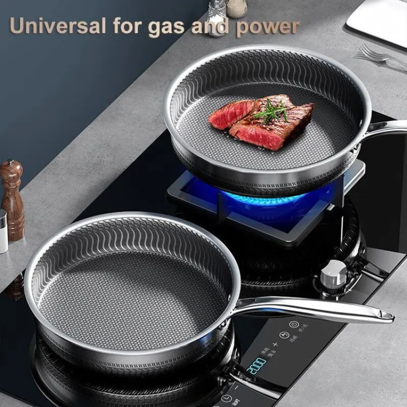 Stainless Steel Non Stick Frying Pan Flat Bottom for Eggs Steak Pancakes Kitchen Cookware Home Use Universal Stove Top