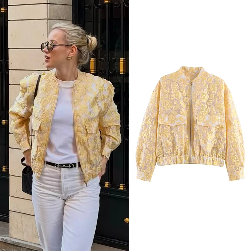 

Женские куртки и пальто: Модные весенние жаккардовые бомберы, женские куртки с круглым вырезом и длинными рукавами, повседневная женская верхняя одежда, стильные топы