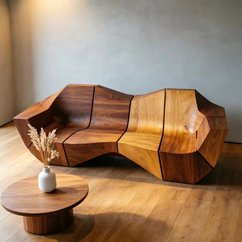 Premium luxury modern geometric shape walnut solid wood three-seater sofa, handmade, suitable for living room home decoration