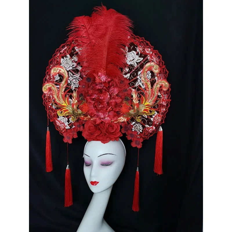 Chinese style red creative model catwalk exaggerated personality atmosphere luxury makeup style fan headgear women's one