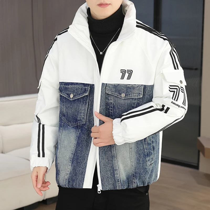 

Мужская модная повседневная свободная утепленная куртка из хлопка с джинсовыми вставками и капюшоном, с наполнителем из полиэфирного волокна