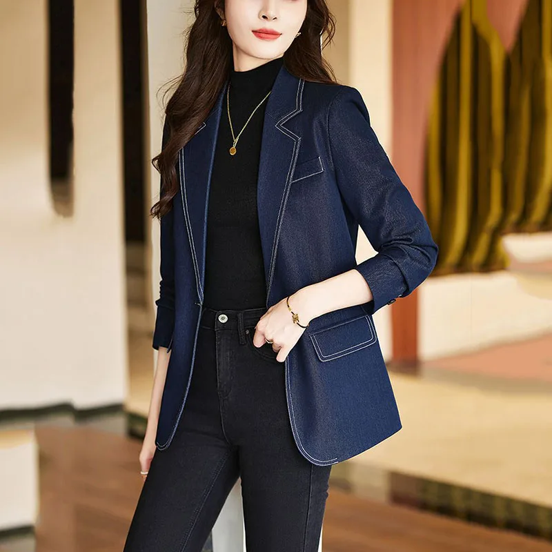 كبار تحسس الرجعية الدنيم البدلة سترة الإناث الخريف الشتاء جديد رداء غير رسمية قمة الموضة النسائية مكتب الملابس المهنية السترة