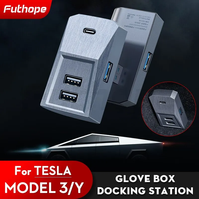 Glovebox-concentrador USB para Tesla Model 3 Model Y 2021-2023, divisor de pantalla Digital, estación de acoplamiento, transmisión de datos
