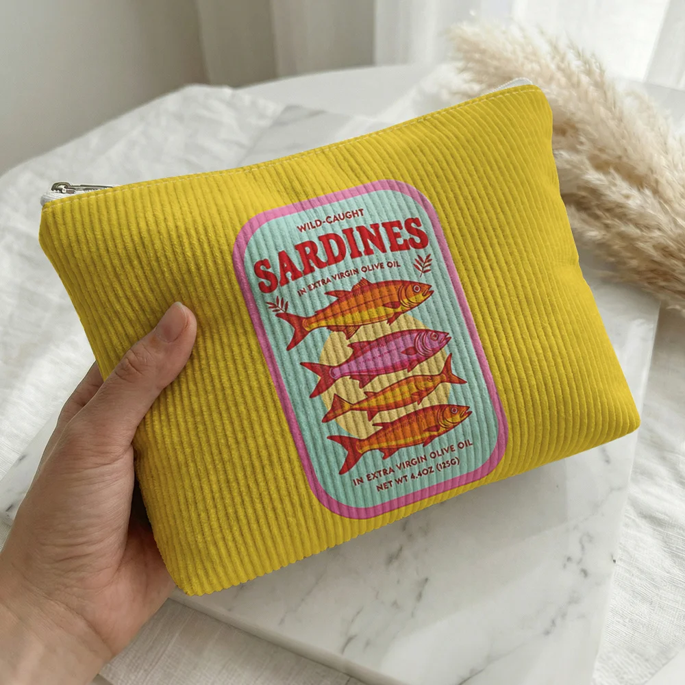 Corduroy Cosmetic Bag Retro Colorful Sardine Fish Tin Label Art Print Zipper Pouch Portable Travel Makeup Storage Organizer