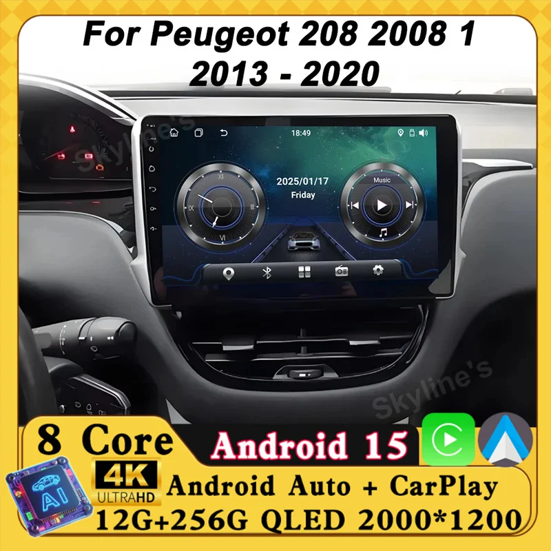 Radio para Auto Android 16 2din para Peugeot 208 2008 1 2013 - 2020, Navegación GPS, Sistema Inteligente para Auto, Android Auto Inalámbrico, Carplay, BT