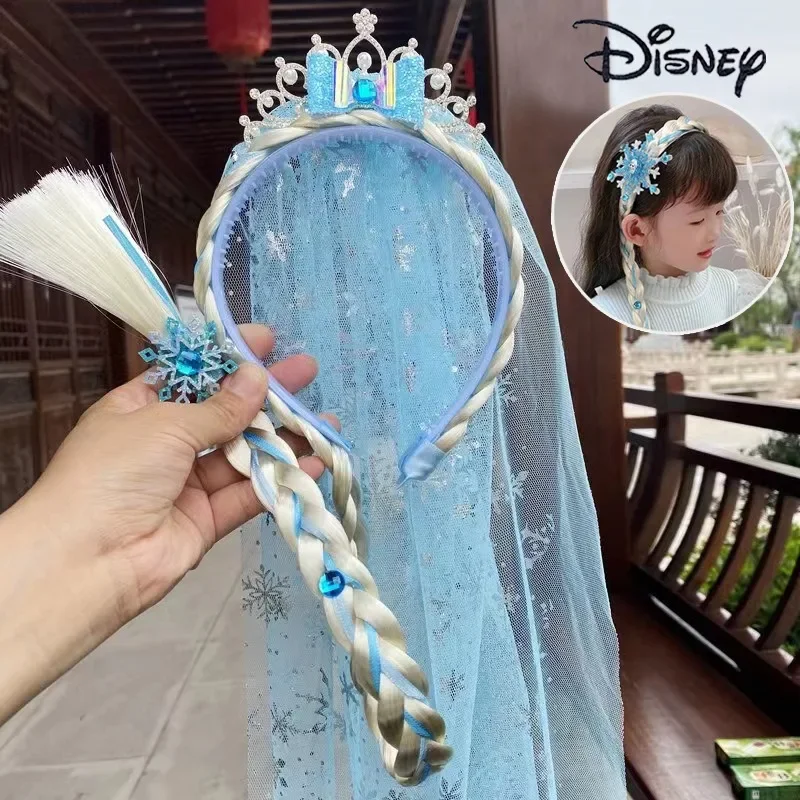 Disney Cartoons Hairband Wedding Veil with Wigs for Girls Elsa  Princess Crown Pigtail Headband Toys Cosplay Accessories Props