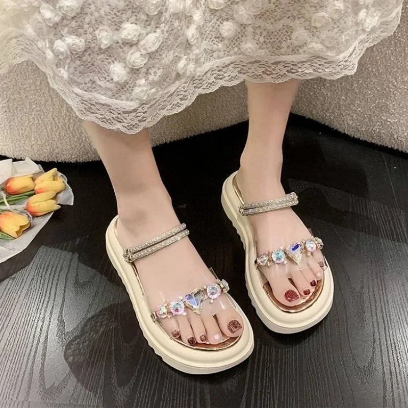 Outdoor Transparent Footwear Diamond Sandals for Women Slippers Platform Ladies Shoes Summer 2024 Gold Asian Size Vip Sale Korea