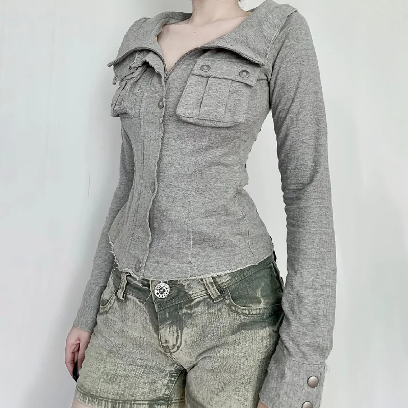 

2025 Autumn Women's Street Workwear Style Stand Up Collar Pocket Cardigan Top Slim Fit Slimming Long Sleeved Women