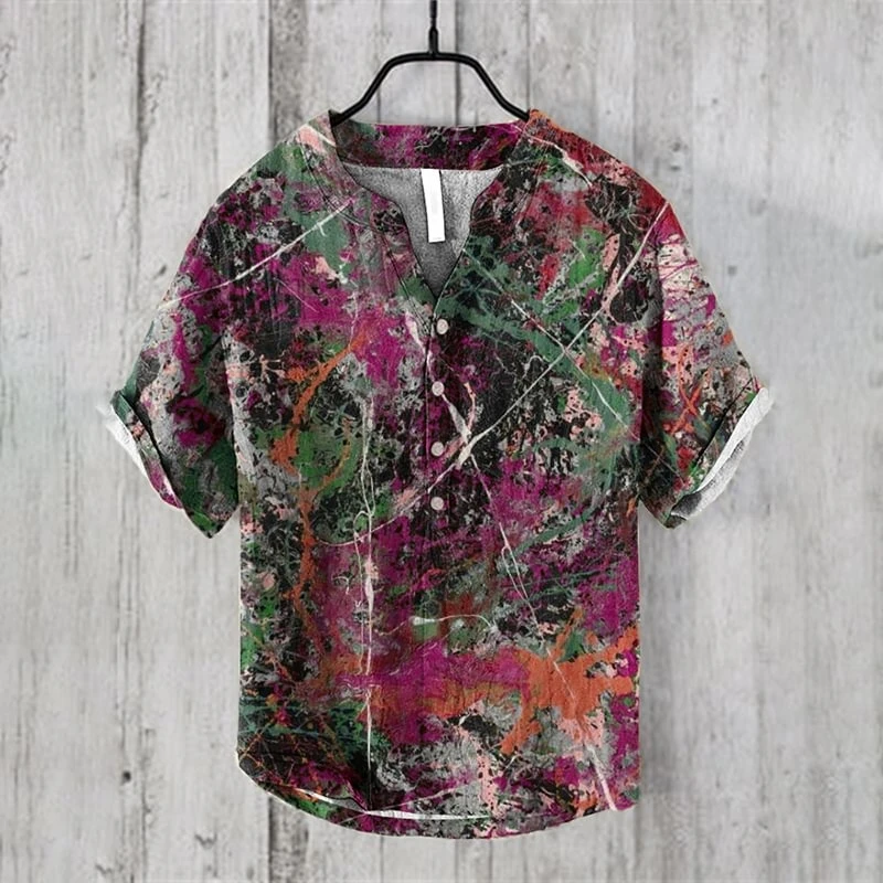 Men's tie-dye Loose Top short-sleeved V-neck Shirt Breathable Casual Fashion men's Wear