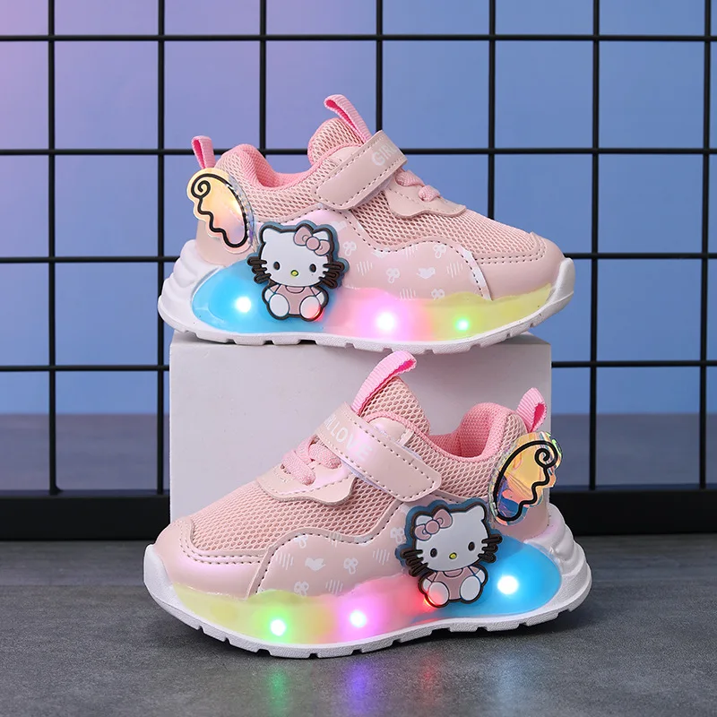 Baby Girls Cute Hello Kitty Luminous Shoes Children\'s Breathable Glowing Sport Shoes Fashion Hook Toddler Shoes Led Flash Lights