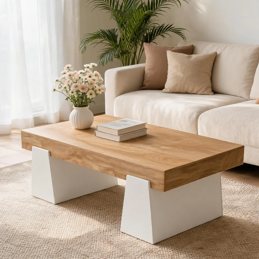 47.2 Farmhouse Coffee Table, Modern Rectangular Center Table for Living Room, Solid Wood, Natural Brown, Rustic Charm Sturdy Co