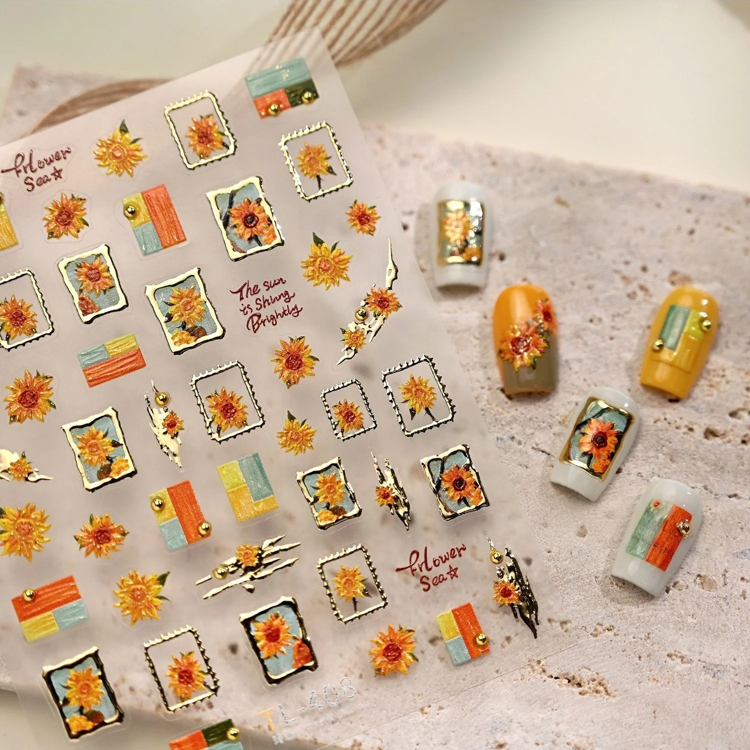 Retro Stamp Style Sunflower Oil Painting Flower Vivid Blossom 5D Embossed Nail Art Stickers Self-adhesive Nail Art Decals Decor