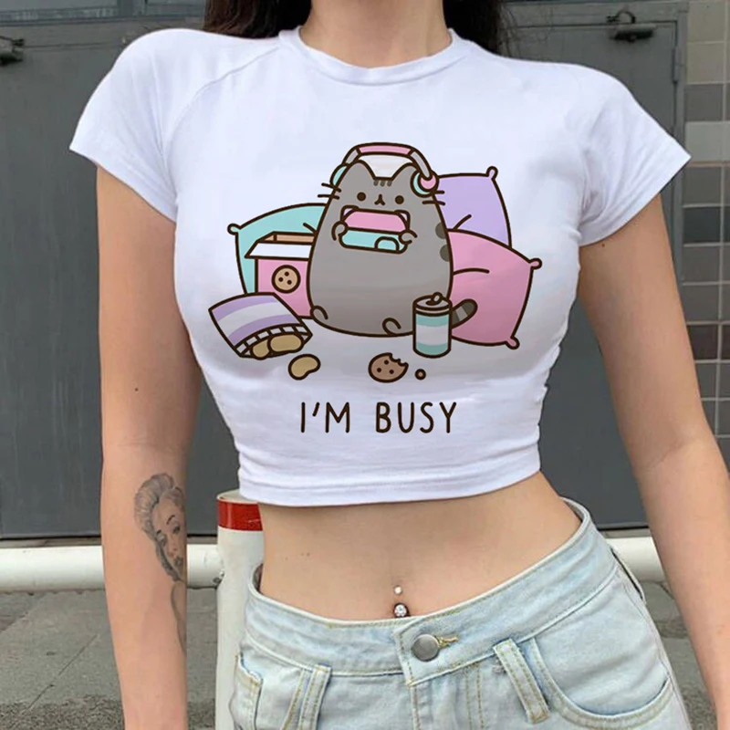 T Shirt Cat Kawaii Ulzzang Tumblr Grunge Graphic Tshirt Women Harajuku Tee Shirt Casual Cartoon T-shirt Female Kawaii Crop Top