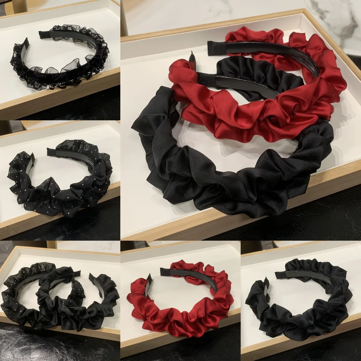 

Pleated Lace Headband - Solid Colour Non-Slip Face Washing Headband Travel Date Styling Headwear