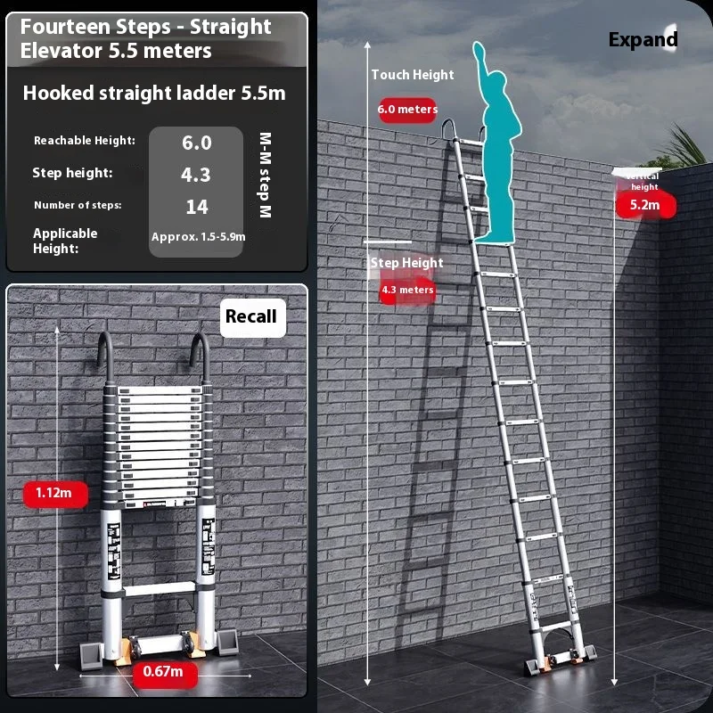 Telescopic straight ladder with hooks and wheels, thickened aluminum alloy, easy to store household ladder, engineering ladder - view 4