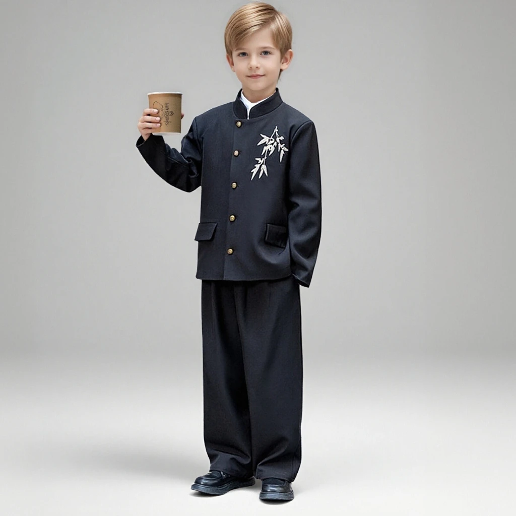 

Костюм в китайском стиле для мальчиков, элегантный костюм в стиле ретро с вышивкой для детей, черный формальный комплект детской одежды для подростков 8, 10, 12 лет