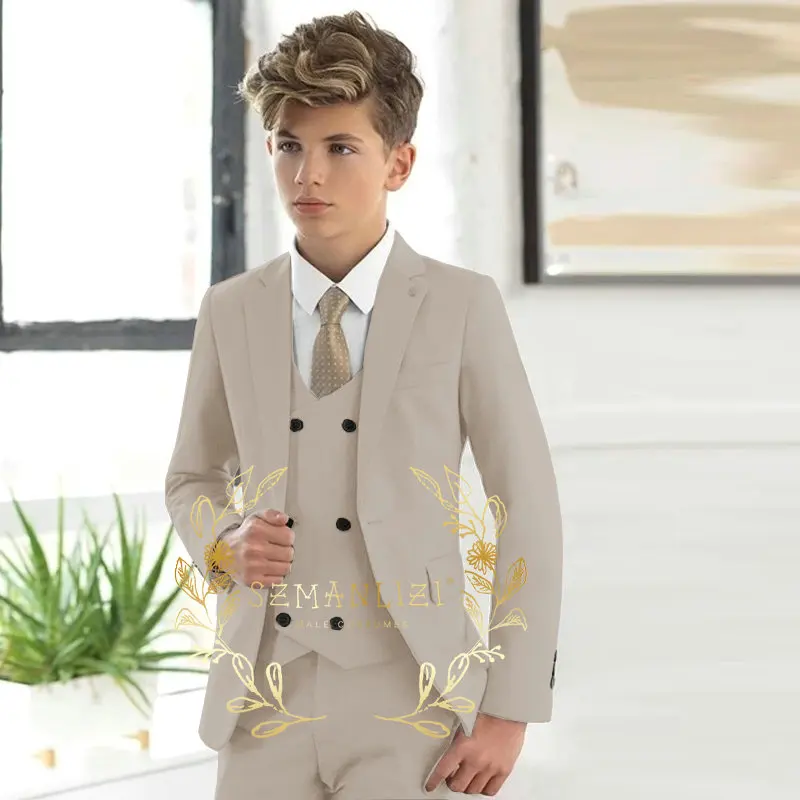 Handsome Beige Boys Kids Suits Wedding Tuxedo Formal Jacket Vest Pants 3 Piece Set 3-16 Custom Sizes Clothes Child Blazer