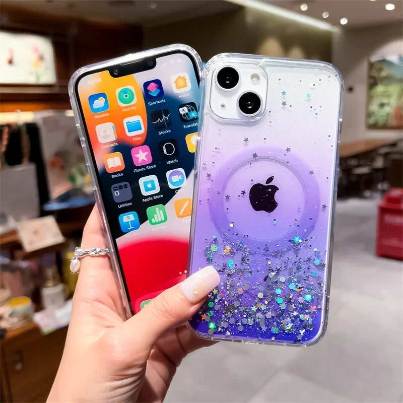 Gradient Glitter Magnetic Case For iphone 16 15 14 12 13 Mini 11 Pro Max X XS XR 8 7 Plus SE 2 3 For Magsafe Silicone TPU Cover